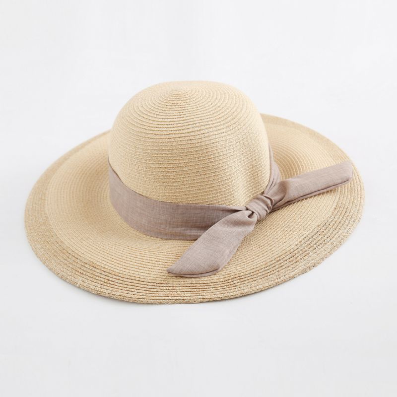 Femme Couleur Unie Coton Avec Noeud En Lin Voyage Vacances Soleil Bord De Mer Chapeau