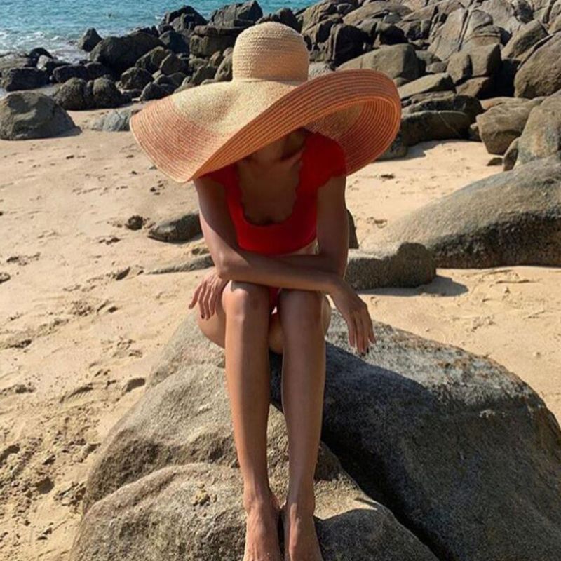 Femme Fait À La Main Sauvage Bord Visière Couleur Rayure Vacances Plage Chapeau De Soleil Raphia Naturel Roulé Chapeau De Paille