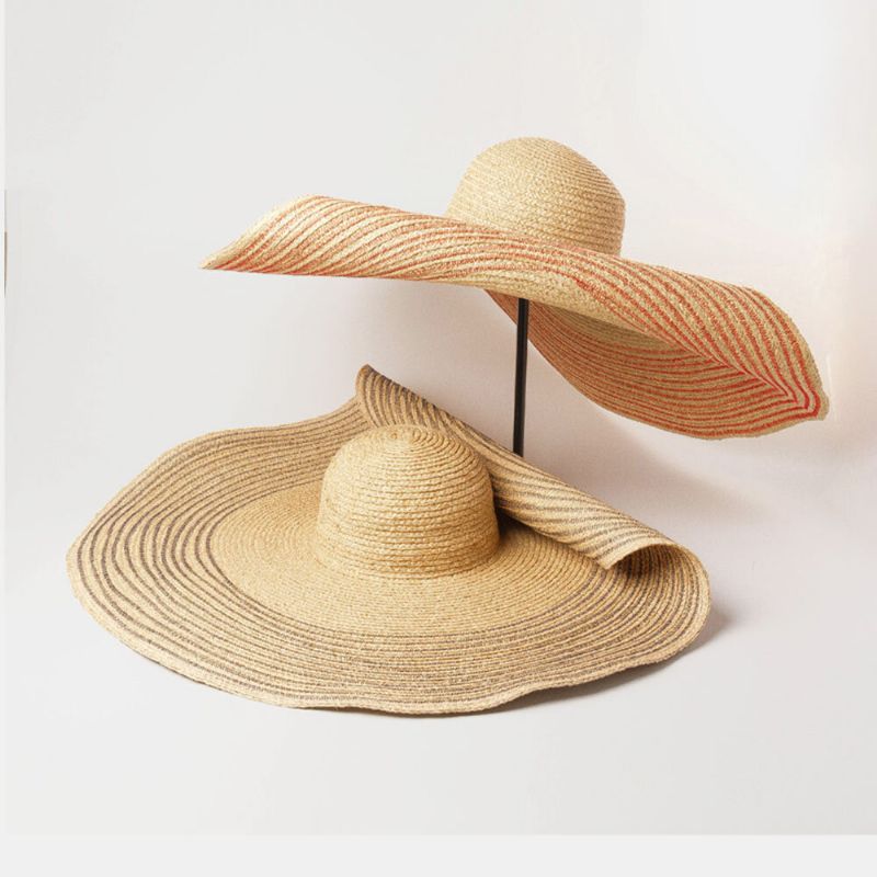 Femme Fait À La Main Sauvage Bord Visière Couleur Rayure Vacances Plage Chapeau De Soleil Raphia Naturel Roulé Chapeau De Paille