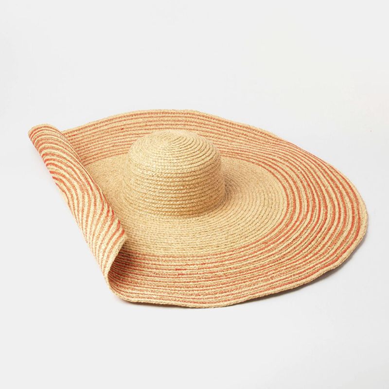 Femme Fait À La Main Sauvage Bord Visière Couleur Rayure Vacances Plage Chapeau De Soleil Raphia Naturel Roulé Chapeau De Paille