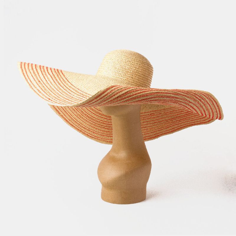 Femme Fait À La Main Sauvage Bord Visière Couleur Rayure Vacances Plage Chapeau De Soleil Raphia Naturel Roulé Chapeau De Paille