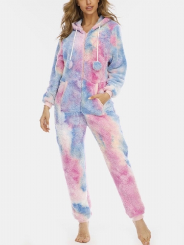 Femme Tie Dye Pocket Zipper Front Hooded Jumpsuit Home Sleepwear