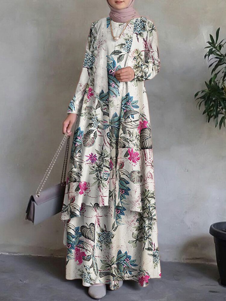 Femmes 100% Coton Abaya Kaftan Bohème Double Couche Conception Floral Loisirs Maxi Robe