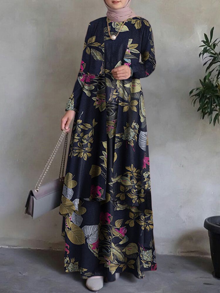 Femmes 100% Coton Abaya Kaftan Bohème Double Couche Conception Floral Loisirs Maxi Robe