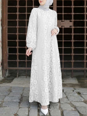 Femmes 100% Coton Abaya Kaftan Dentelle Patchwork Casual Robe Midi De Mariage