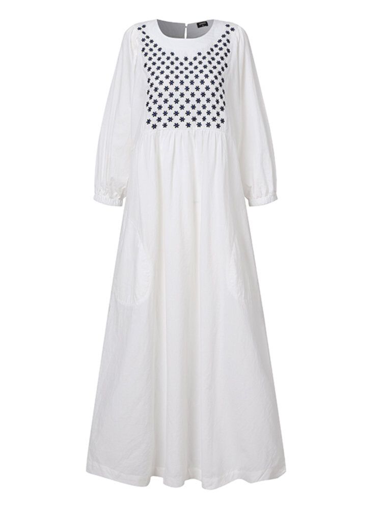 Femmes 100% Coton Broderie Poches Latérales Robe Décontractée Simple