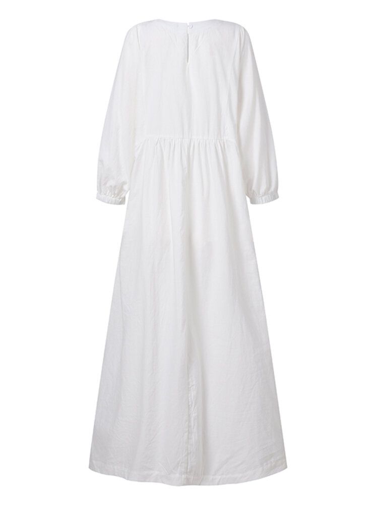 Femmes 100% Coton Broderie Poches Latérales Robe Décontractée Simple