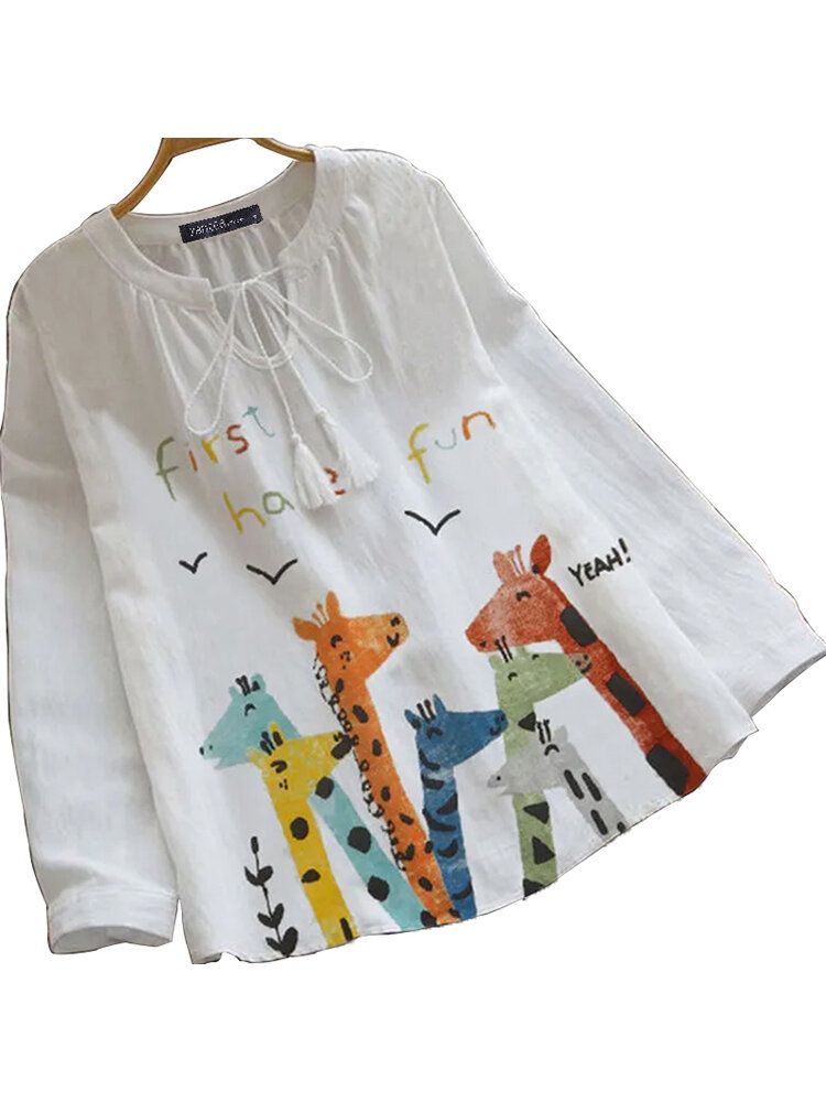 Femmes 100% Coton Col V Animaux Et Plantes Impression Blouse Lâche Décontractée