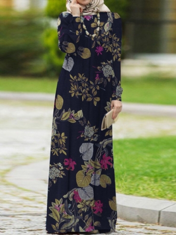 Femmes 100% Coton Manches Bouffantes Abaya Kaftan Tiered Leisure Floral Retro Dress