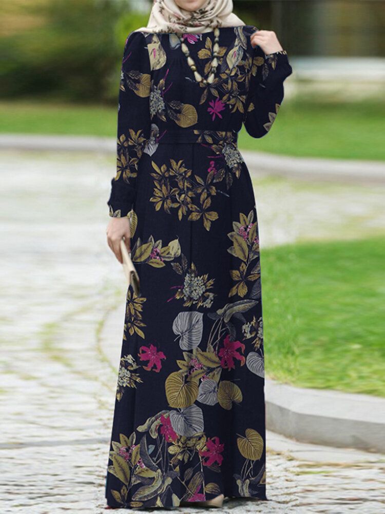 Femmes 100% Coton Manches Bouffantes Abaya Kaftan Tiered Leisure Floral Retro Dress