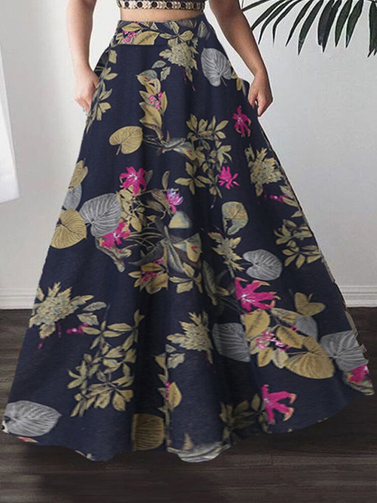 Femmes 100% Coton Plante Floral Imprimé Taille Haute Bohême Maxi Jupes