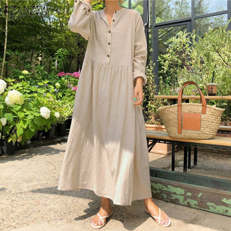 Femmes 100% Coton Poches Latérales Plis Simple Robe Maxi Décontractée