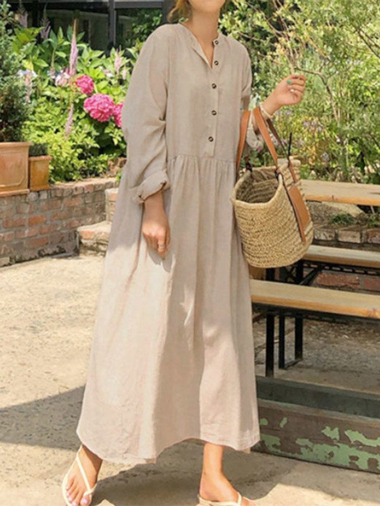 Femmes 100% Coton Poches Latérales Plis Simple Robe Maxi Décontractée