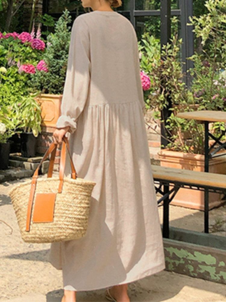 Femmes 100% Coton Poches Latérales Plis Simple Robe Maxi Décontractée