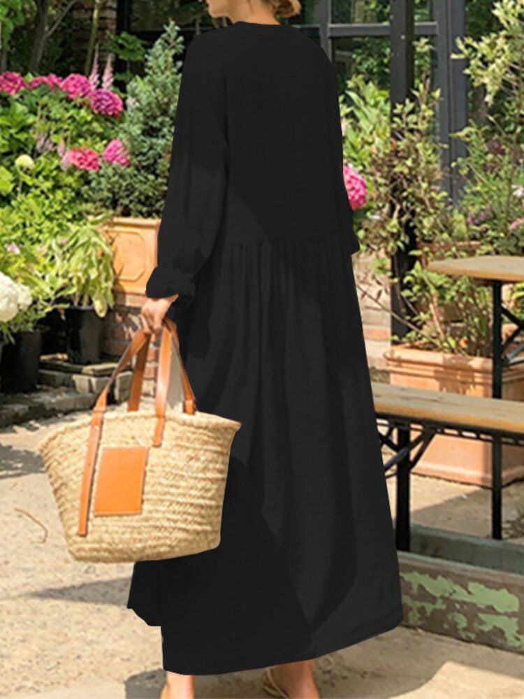 Femmes 100% Coton Poches Latérales Plis Simple Robe Maxi Décontractée