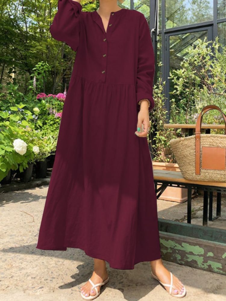 Femmes 100% Coton Poches Latérales Plis Simple Robe Maxi Décontractée