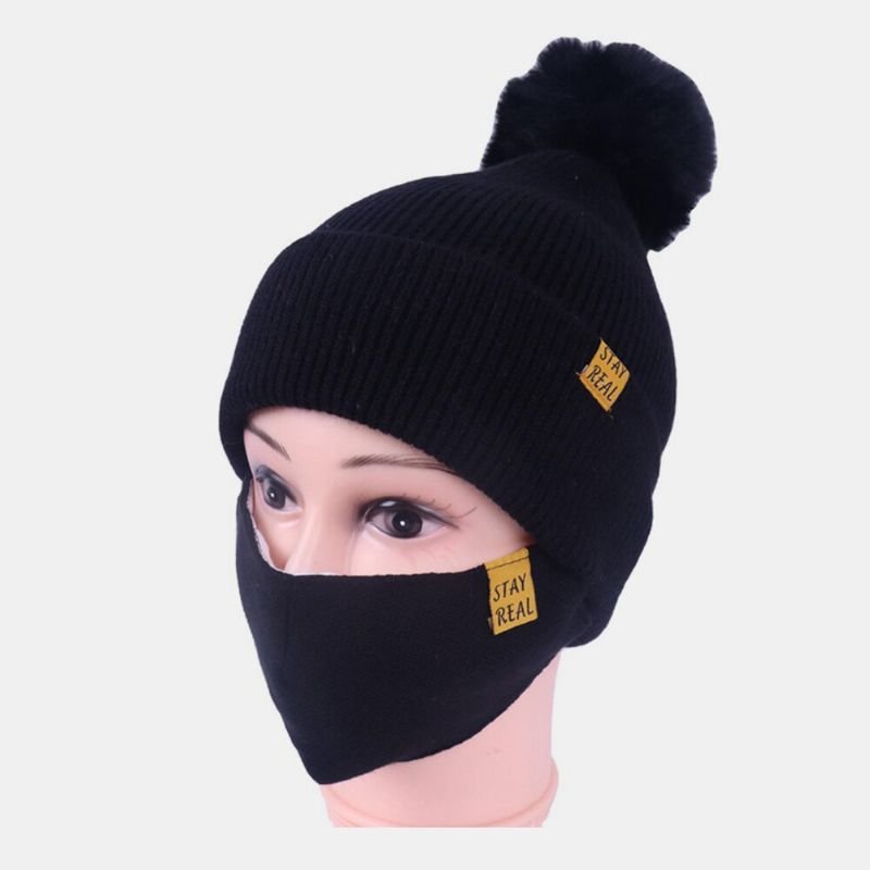 Femmes 2 Pièces Laine Hiver Garder Au Chaud Quotidien Décontracté Cou Protection Du Visage Peluches Boule Tricoté Chapeau Bonnet Masque