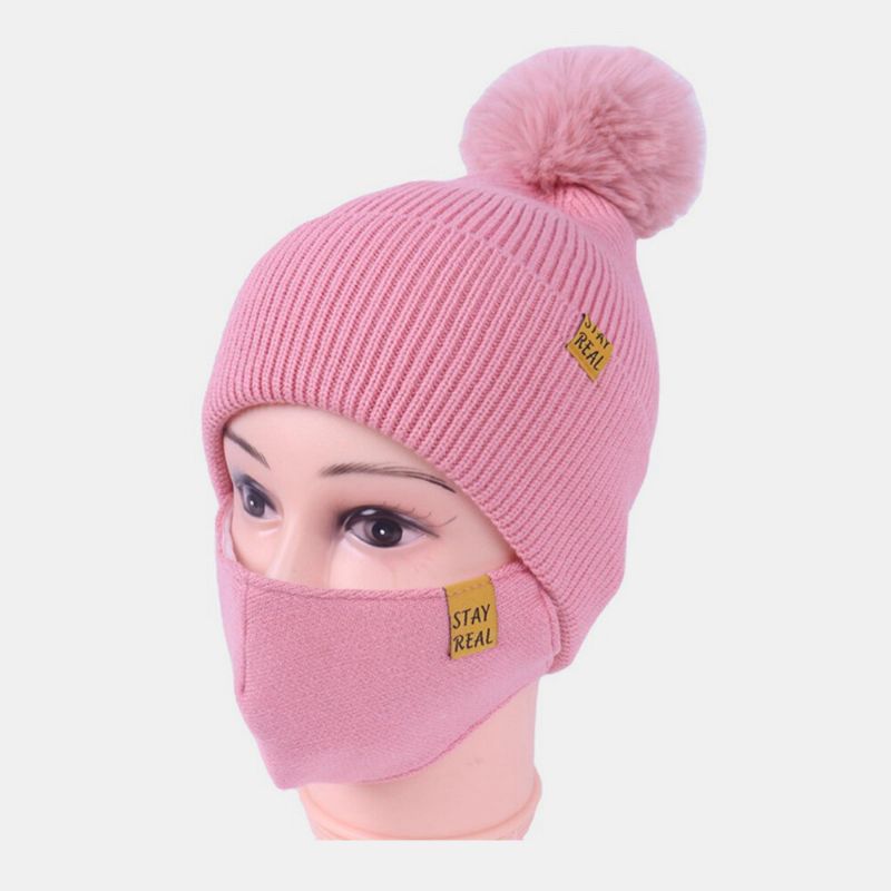 Femmes 2 Pièces Laine Hiver Garder Au Chaud Quotidien Décontracté Cou Protection Du Visage Peluches Boule Tricoté Chapeau Bonnet Masque