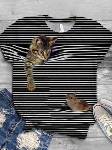 Femmes 3d Cat Animal Pinstripe Print O-cou Casual T-shirts À Manches Courtes