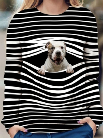 Femmes 3d Dog Stripe Print O-cou Pull Casual Sweatshirts