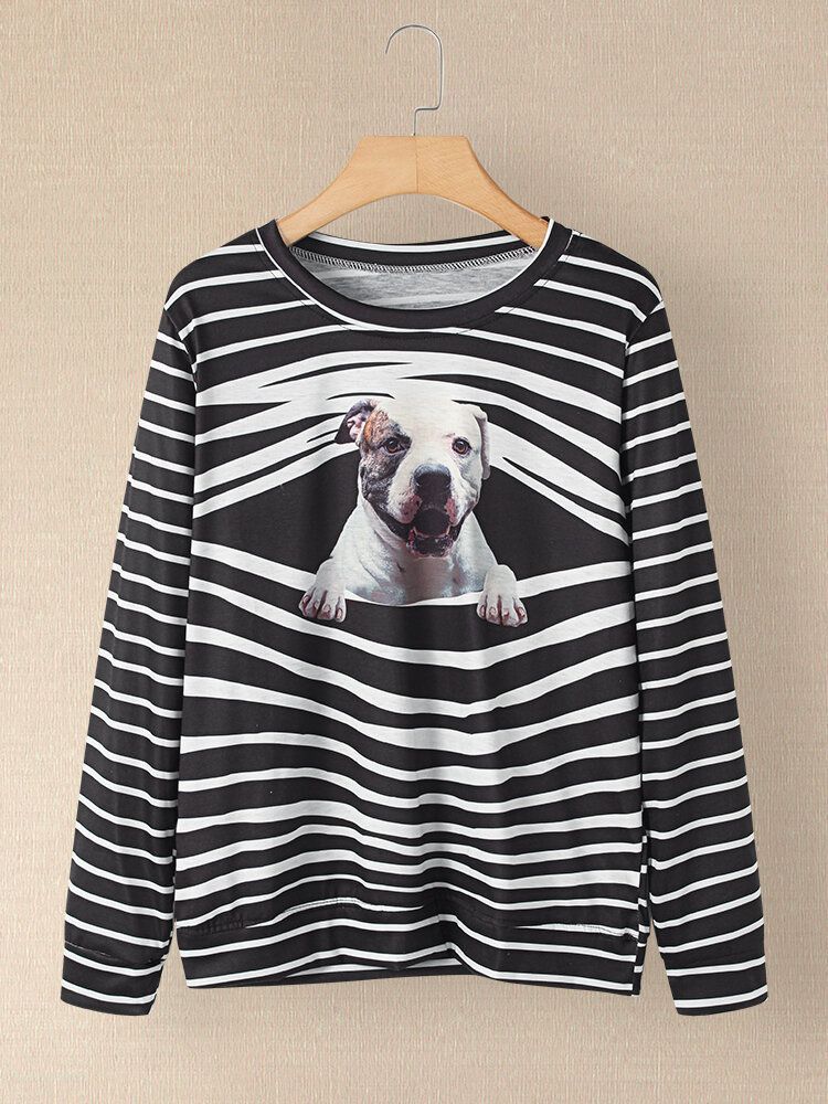 Femmes 3d Dog Stripe Print O-cou Pull Casual Sweatshirts