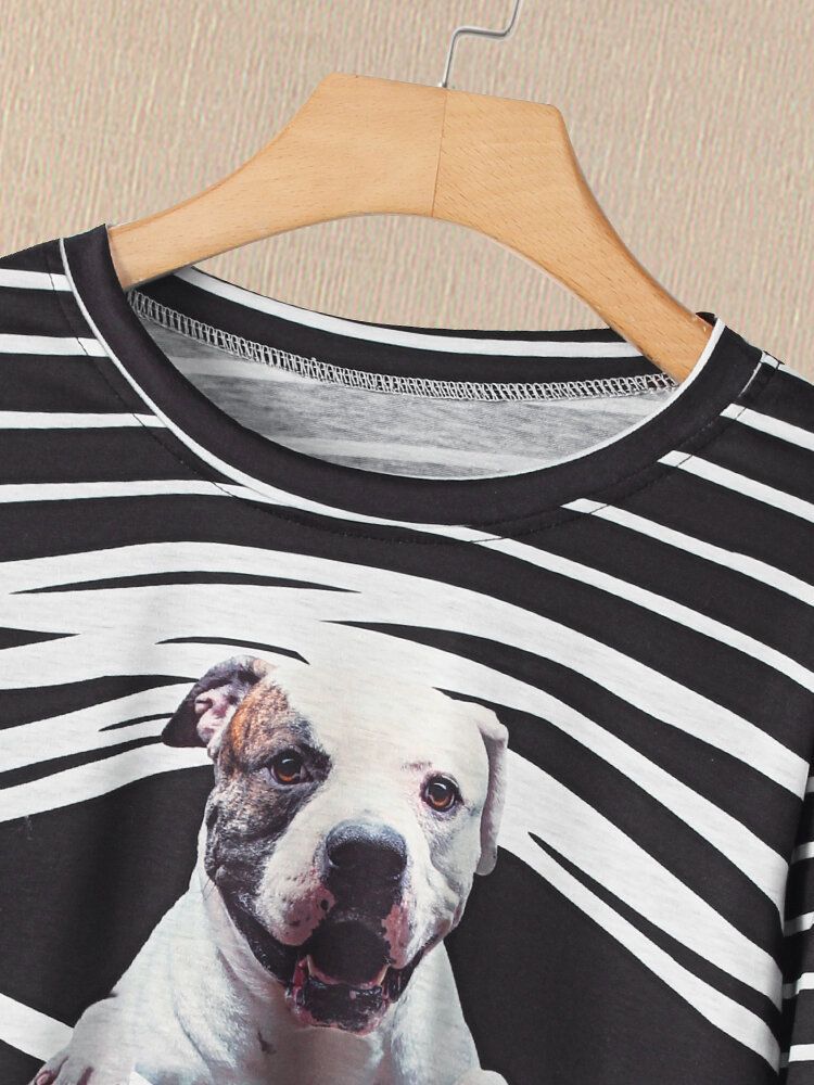 Femmes 3d Dog Stripe Print O-cou Pull Casual Sweatshirts