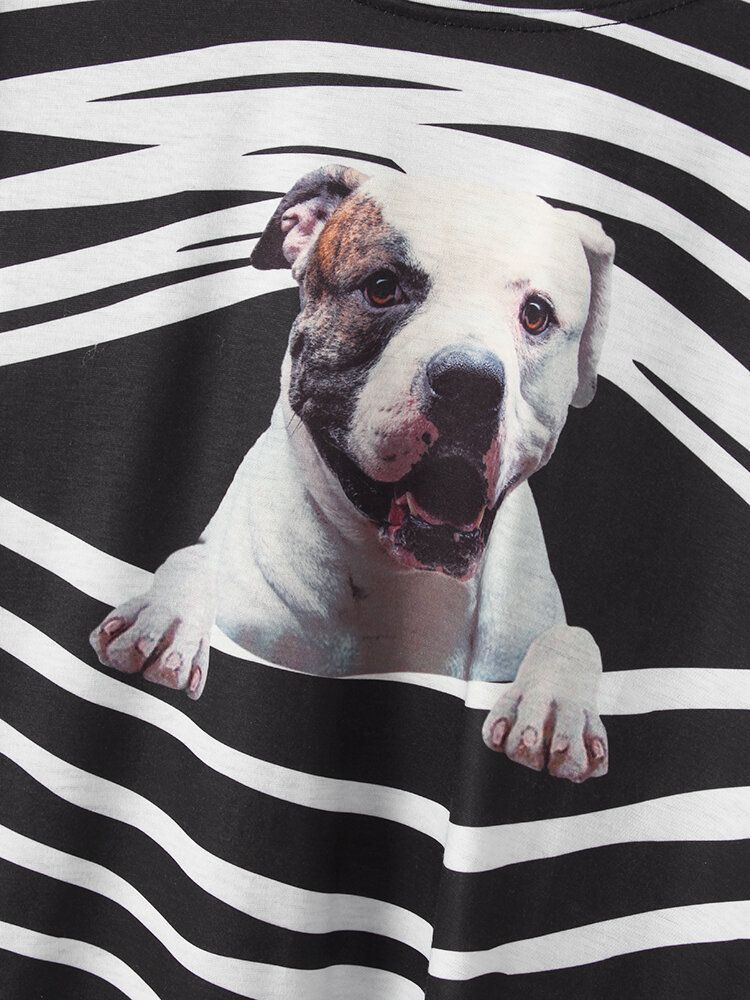 Femmes 3d Dog Stripe Print O-cou Pull Casual Sweatshirts