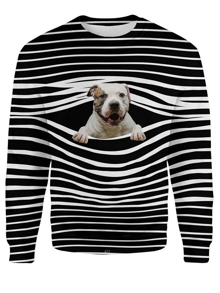 Femmes 3d Dog Stripe Print O-cou Pull Casual Sweatshirts