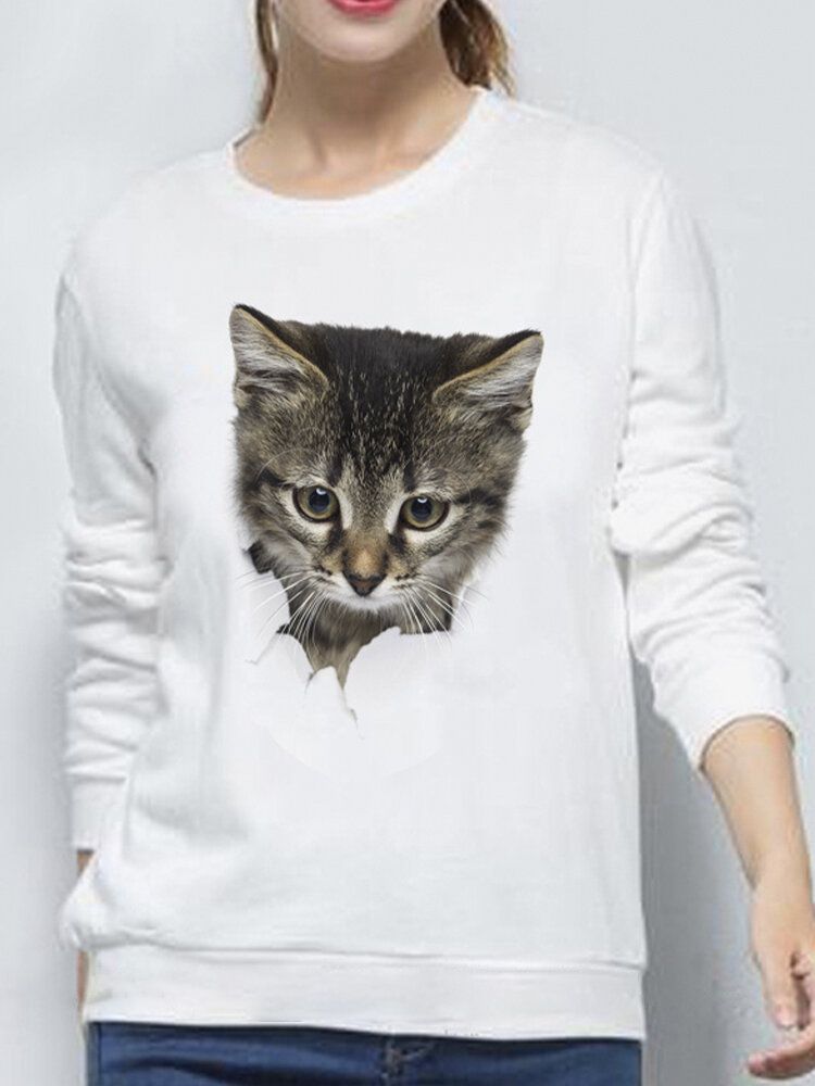 Femmes 3d Mignon Petit Chat Imprimé Col Rond Décontracté Simple Pull À Manches Longues Sweat-shirt