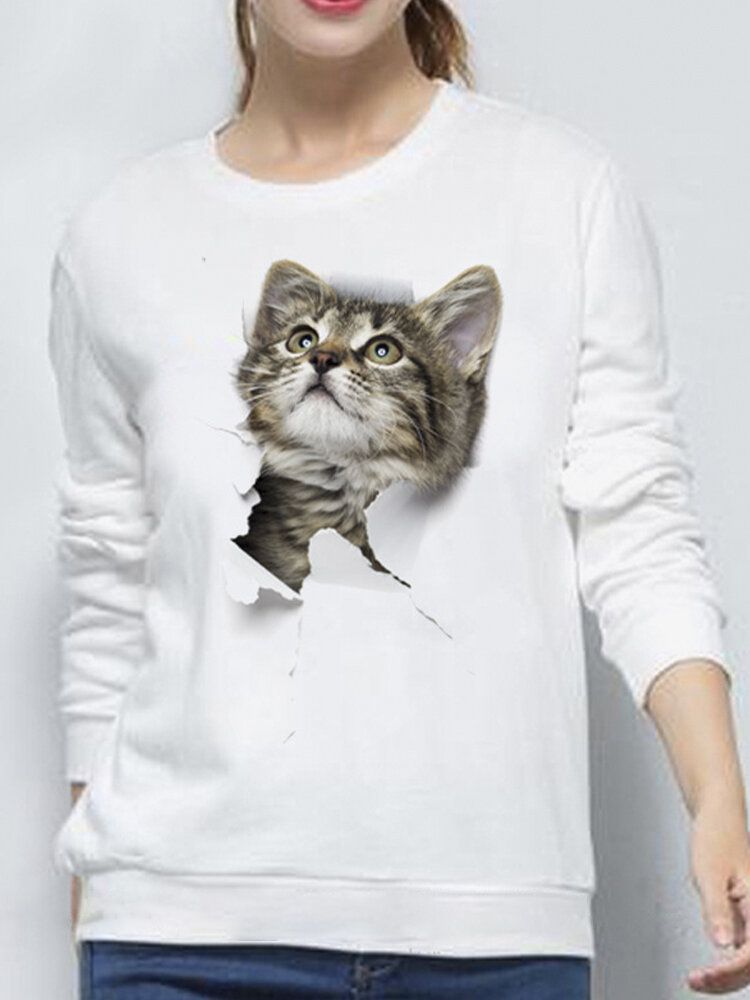 Femmes 3d Mignon Petit Chat Imprimé Col Rond Décontracté Simple Pull À Manches Longues Sweat-shirt