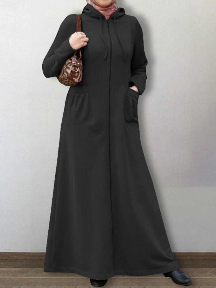 Femmes Abaya Kaftan À Capuche Couleur Unie Longueur Cheville Robes Midi Décontractées