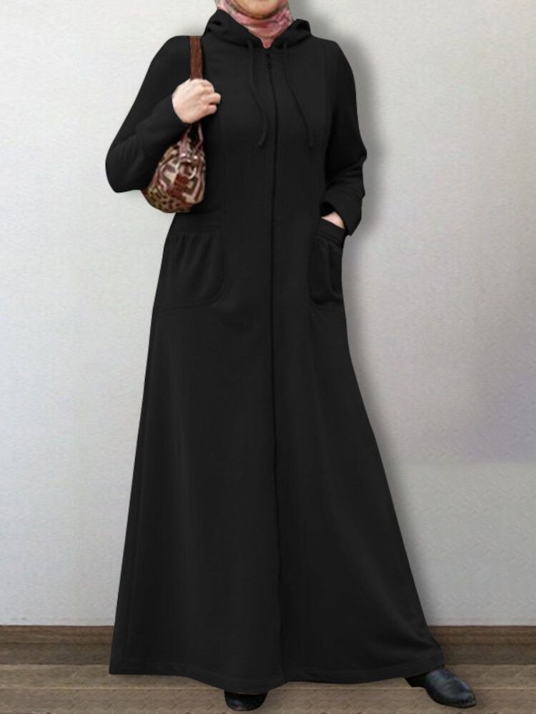 Femmes Abaya Kaftan À Capuche Couleur Unie Longueur Cheville Robes Midi Décontractées