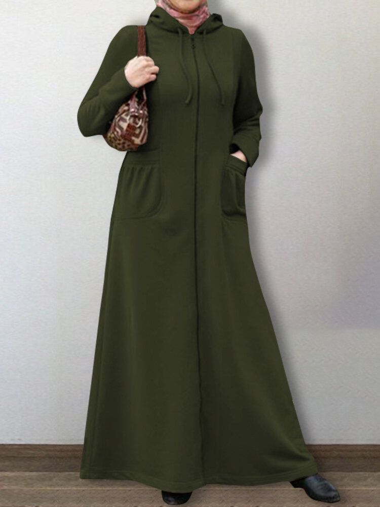 Femmes Abaya Kaftan À Capuche Couleur Unie Longueur Cheville Robes Midi Décontractées