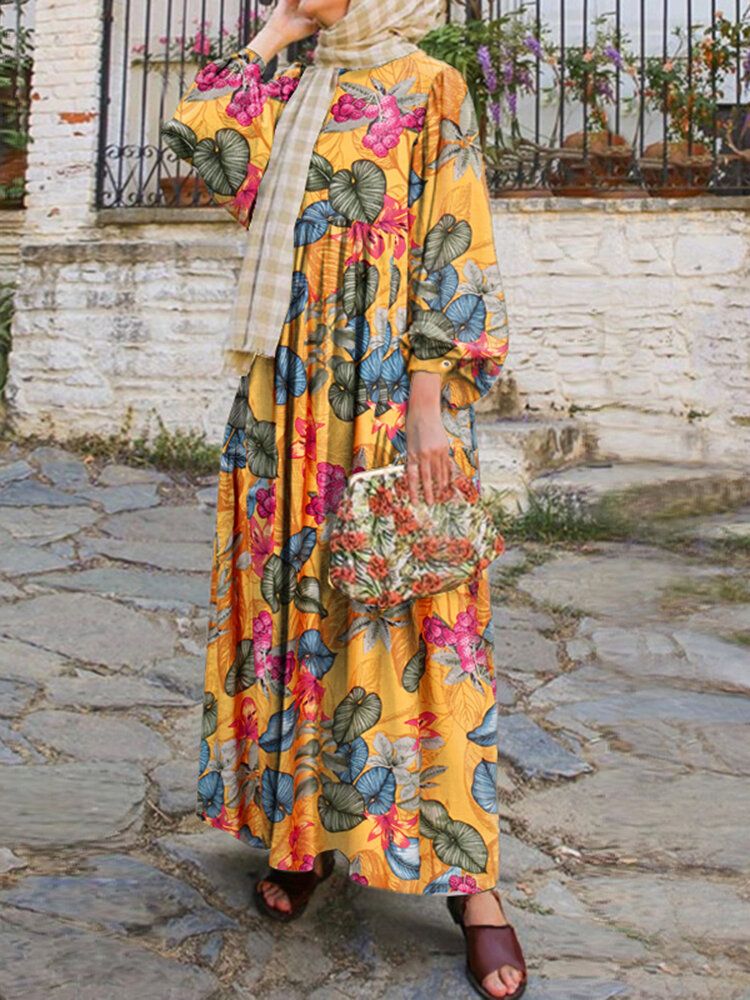 Femmes Abaya Kaftan Puff Sleeve Floral Bohème Cheville Longueur Robe