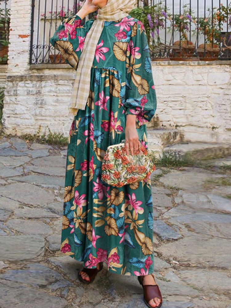 Femmes Abaya Kaftan Puff Sleeve Floral Bohème Cheville Longueur Robe