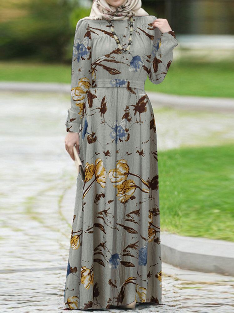 Femmes Abaya Kaftan Puff Sleeve Tiered Retro Leisure Floral Cheville Longueur Robe