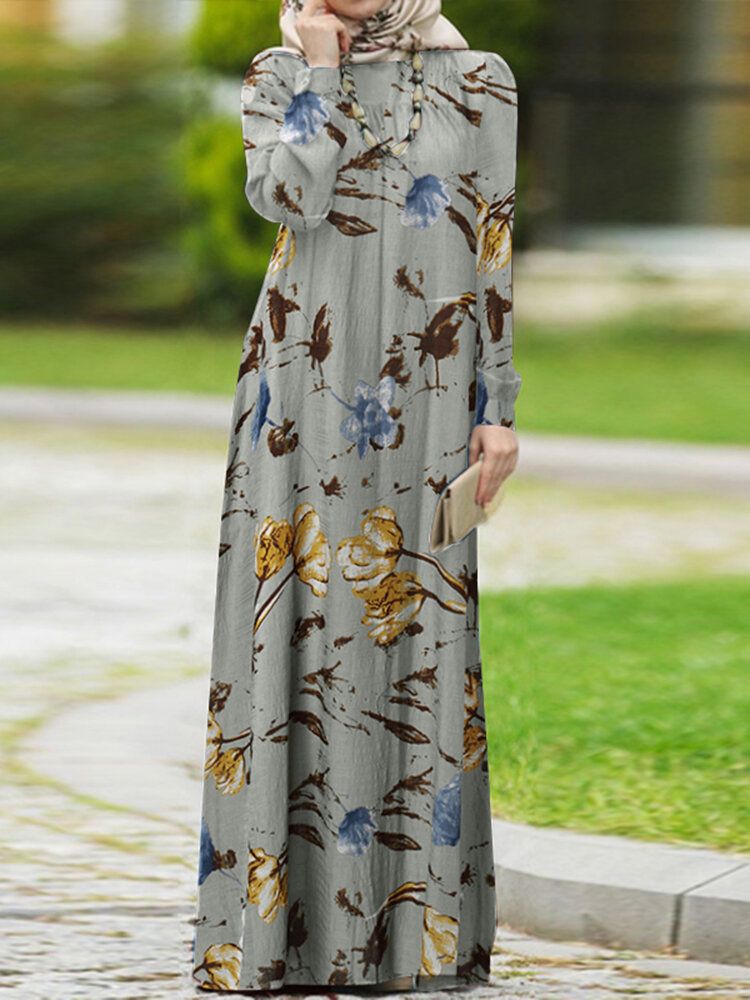 Femmes Abaya Kaftan Puff Sleeve Tiered Retro Leisure Floral Cheville Longueur Robe