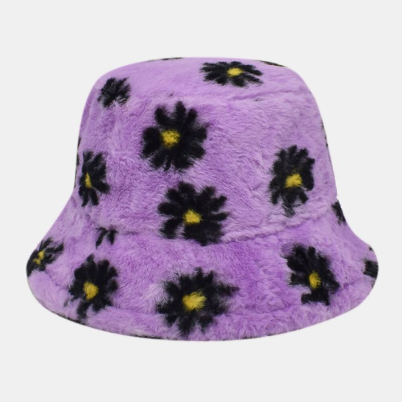 Femmes Agneau Cheveux Doux Chaud Plus Épaissir Casual All-match Mignon Daisy Fleur Motif Seau Chapeau