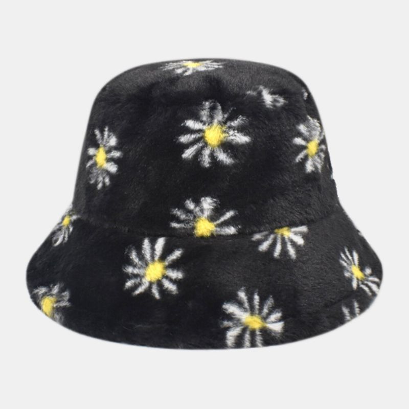 Femmes Agneau Cheveux Doux Chaud Plus Épaissir Casual All-match Mignon Daisy Fleur Motif Seau Chapeau