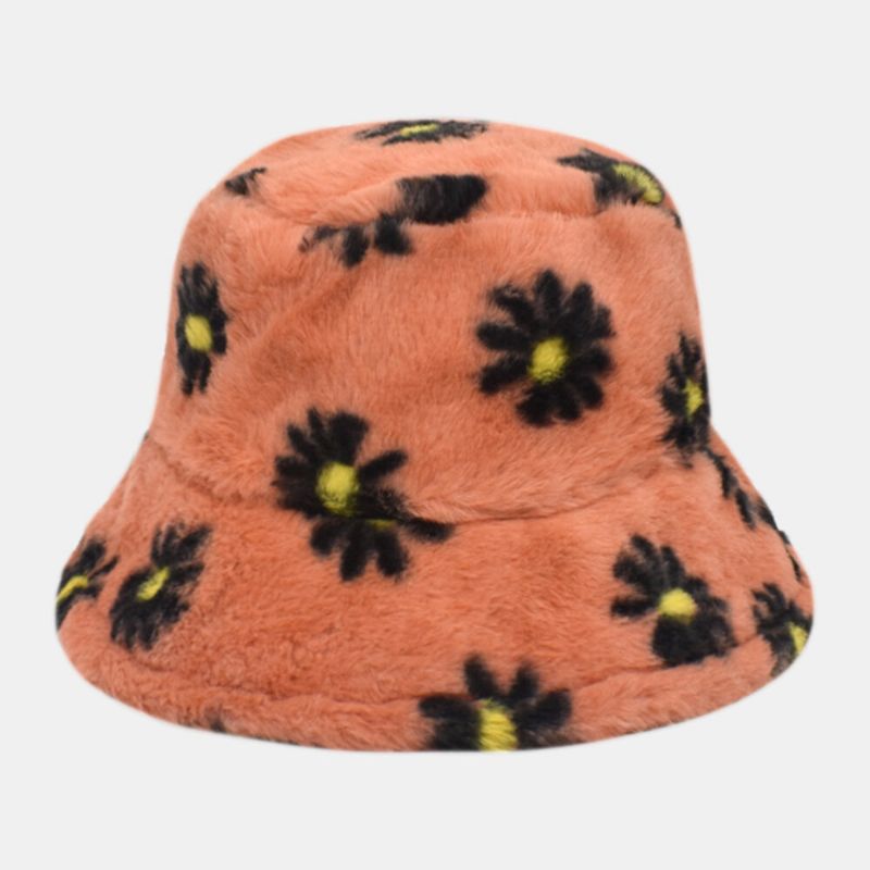 Femmes Agneau Cheveux Doux Chaud Plus Épaissir Casual All-match Mignon Daisy Fleur Motif Seau Chapeau