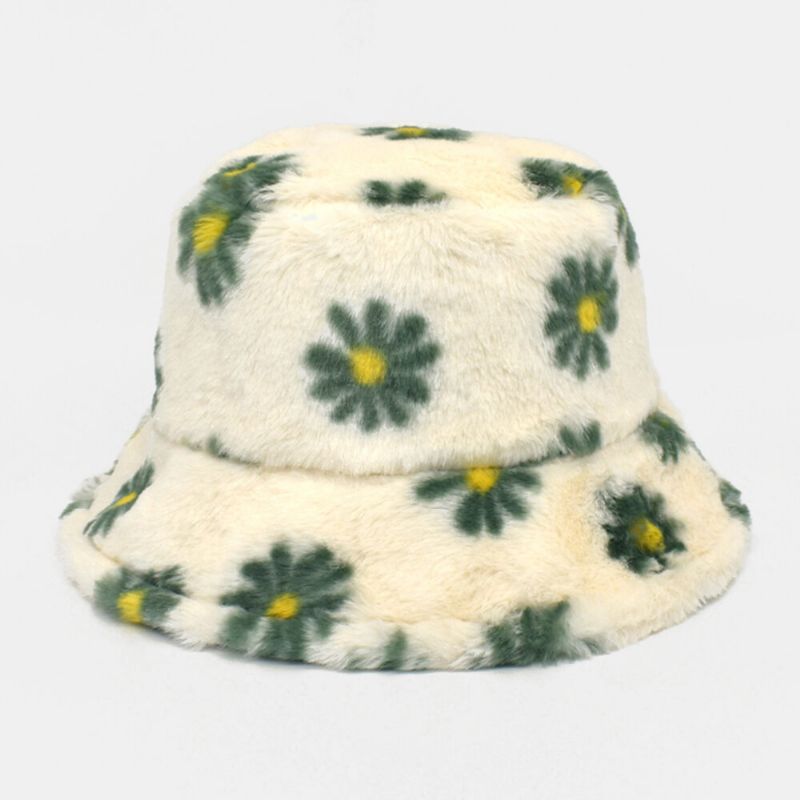 Femmes Agneau Cheveux Doux Chaud Plus Épaissir Casual All-match Mignon Daisy Fleur Motif Seau Chapeau