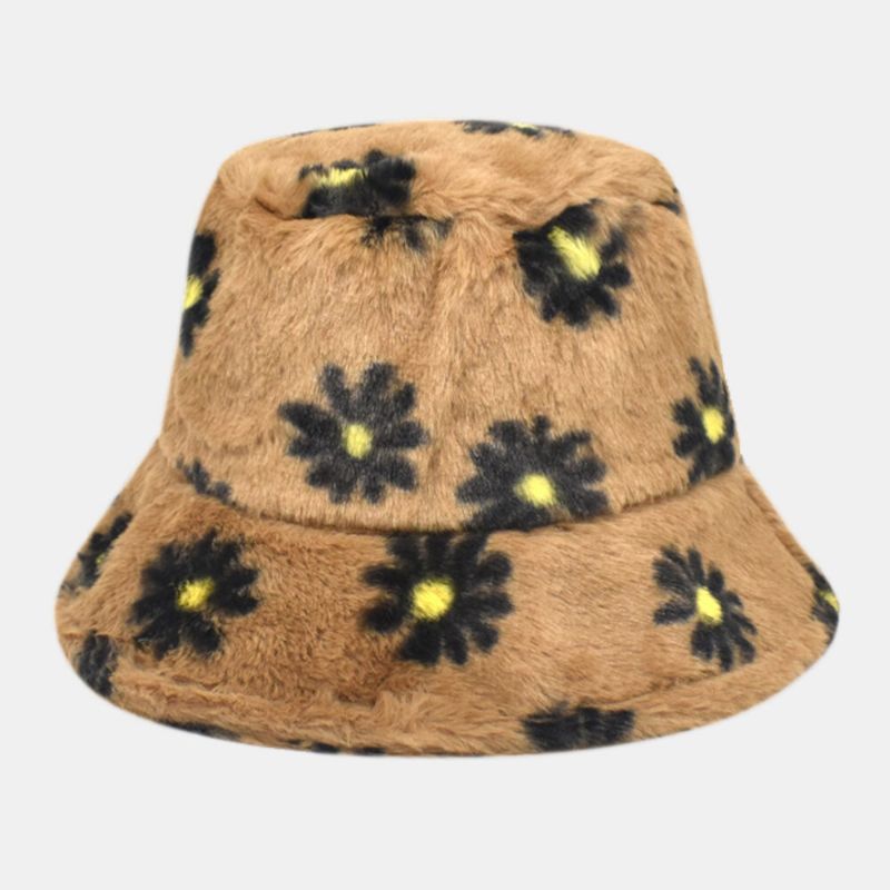 Femmes Agneau Cheveux Doux Chaud Plus Épaissir Casual All-match Mignon Daisy Fleur Motif Seau Chapeau