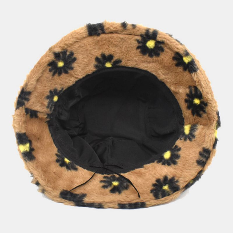 Femmes Agneau Cheveux Doux Chaud Plus Épaissir Casual All-match Mignon Daisy Fleur Motif Seau Chapeau