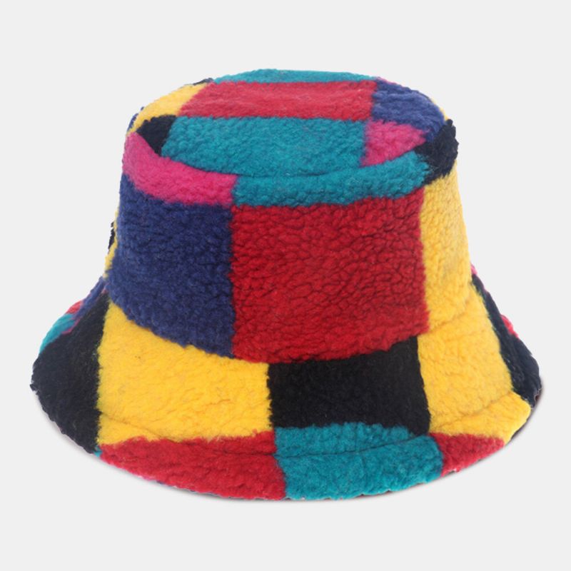 Femmes Agneau Fourrure Couleur Couture Treillis Seau Chapeau Hiver Épaissir Chaud Coupe-vent Moelleux Pêcheur Casquettes