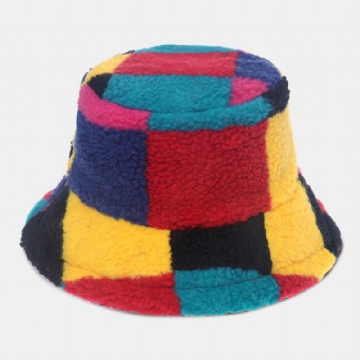 Femmes Agneau Fourrure Couleur Couture Treillis Seau Chapeau Hiver Épaissir Chaud Coupe-vent Moelleux Pêcheur Casquettes