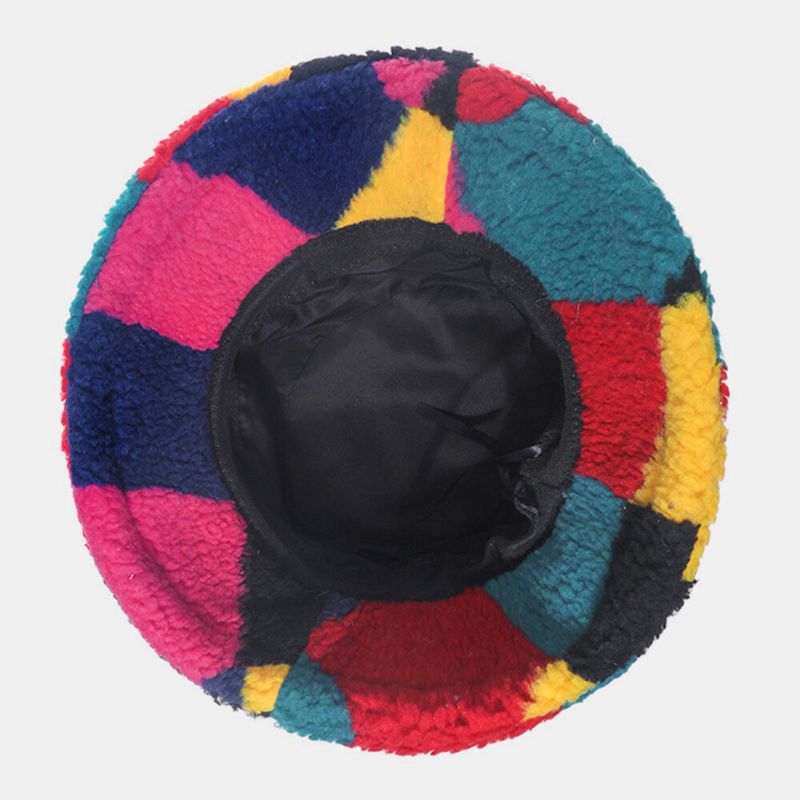 Femmes Agneau Fourrure Couleur Couture Treillis Seau Chapeau Hiver Épaissir Chaud Coupe-vent Moelleux Pêcheur Casquettes