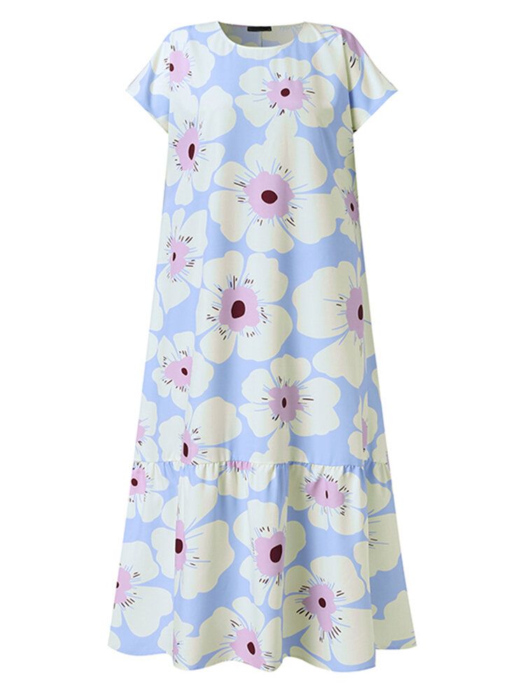 Femmes Allover Flowers Impression O-cou À Manches Courtes Big Swing Casual Layered Dress