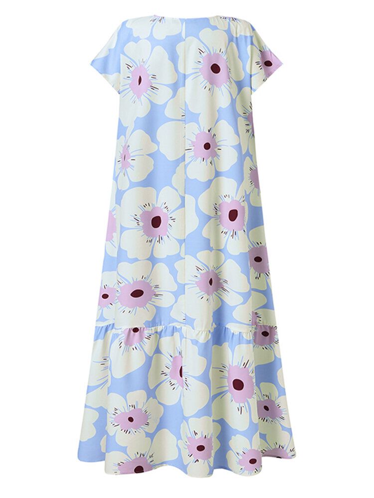 Femmes Allover Flowers Impression O-cou À Manches Courtes Big Swing Casual Layered Dress