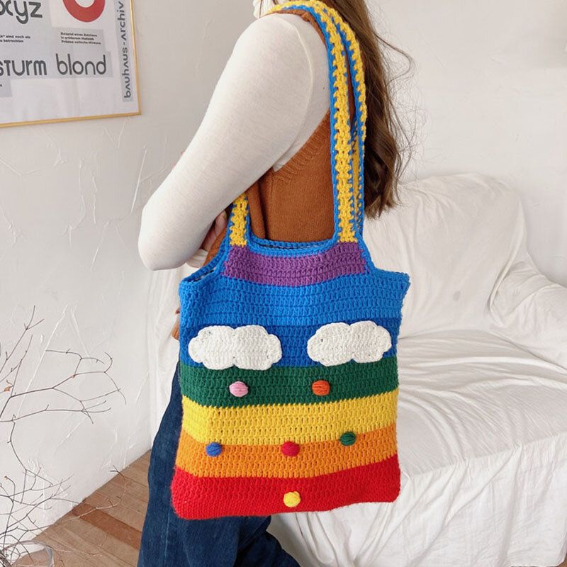 Femmes Arc-en-ciel Bande Dessin Animé Mignon Décontracté Jeunesse Laine Tricoté Sac Sac À Main Fourre-tout Sac À Bandoulière