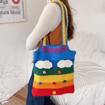 Femmes Arc-en-ciel Bande Dessin Animé Mignon Décontracté Jeunesse Laine Tricoté Sac Sac À Main Fourre-tout Sac À Bandoulière